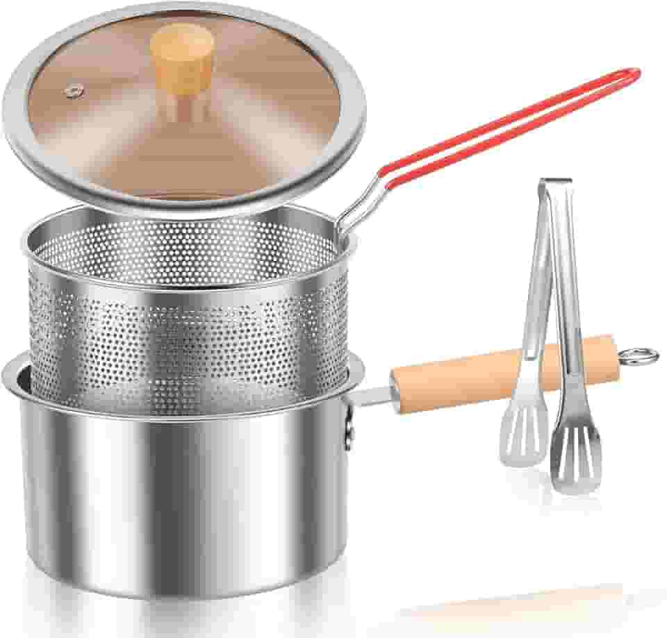 Panela de fritadeira com cesta e alça, panela de fritura de aço inoxidável com tampa, fritadeira pequena de gordura profunda com economia de óleo para fritar peixe, camarão, frango e batatas fritas