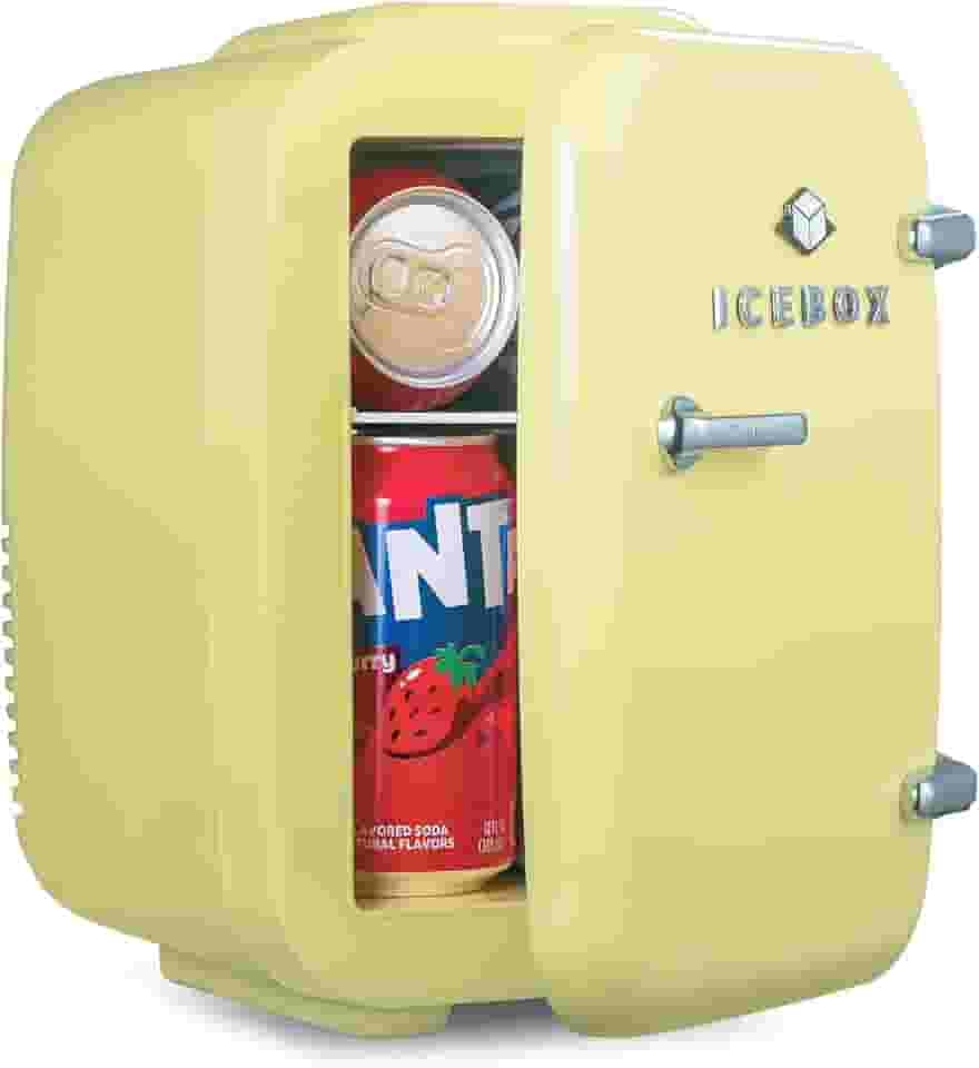 ICEBOX IBMF4SUN Geladeira para quarto, cuidados com a pele, refrigerador portátil e aquecedor de maquilhagem, para escritório e frigorífico doméstico, mini (4 L / 6 latas), amarelo sol