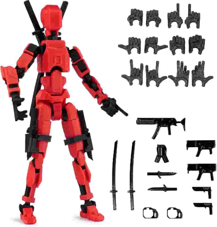 Pre-Assembly 3D Printed 5.54'' Dummy13 Action Figure, Multi-Jointed Tian13, Articulated T13 Desktop Decoration,12 in 1 Accessories, Best Birthday Festival Gift (red+black)