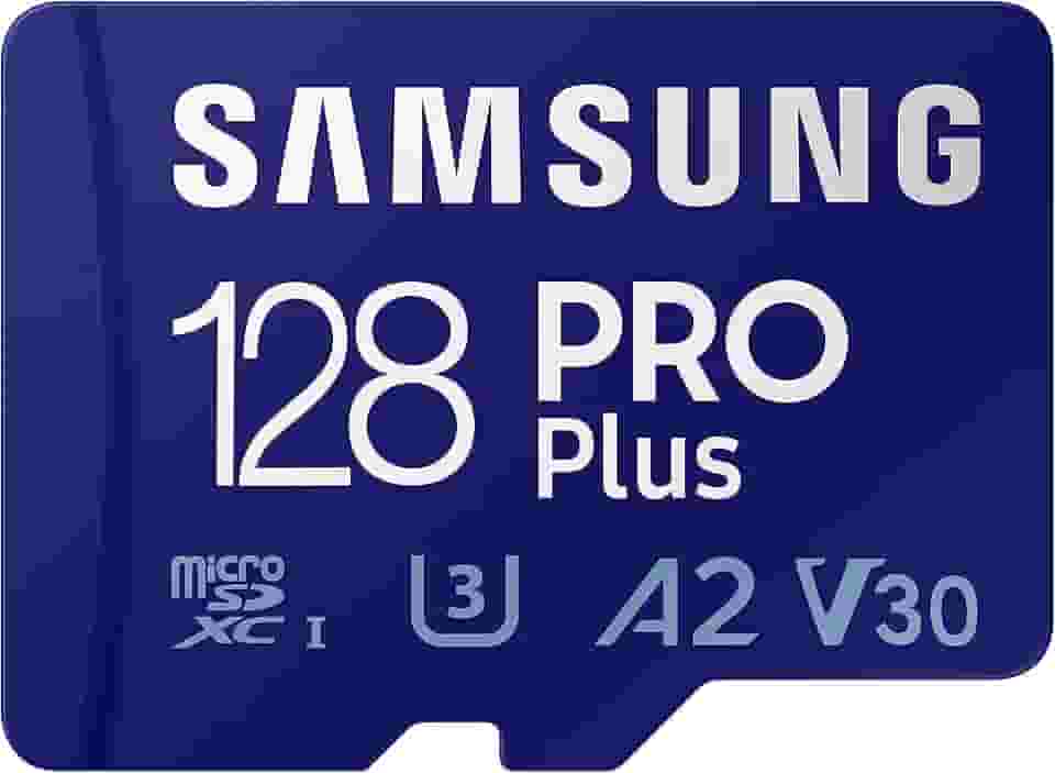 SAMSUNG PRO Plus + adaptador 128 GB microSDXC até 160 MB/s UHS-I, U3, A2, V30, cartão de memória Full HD e 4K UHD para smartphones Android, tablets, Go Pro e drone DJI (MB-MD128KA/AM)