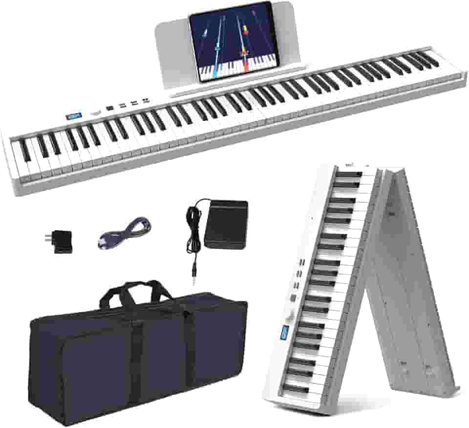 VEDO Piano digital dobrável de 88 teclas, tamanho normal, semi-pesado, com Bluetooth, estante para partituras, pedal de sustain e bolsa para piano, na cor branca (Teclado não iluminado (branco))