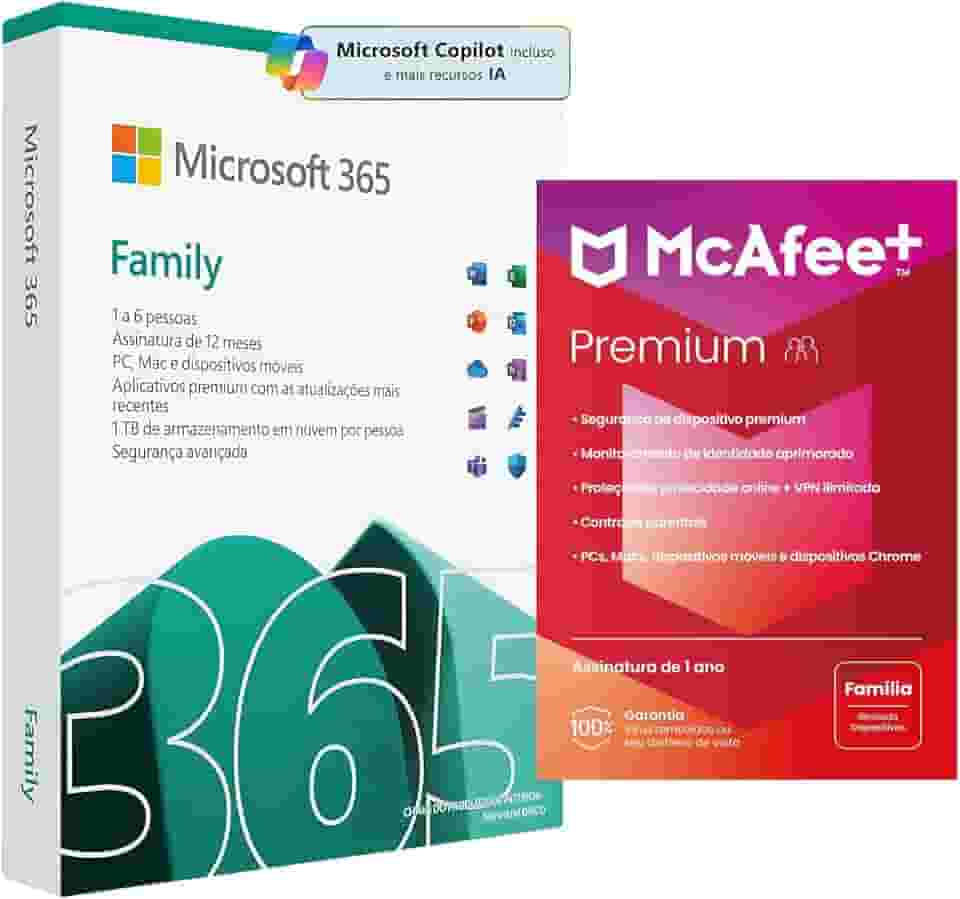 Microsoft 365 Family + Antivírus McAfee Premium Family 2024 - Licenças Físicas para Dispositivos, Segurança Avançada e Suporte Técnico (PAI) (Microsoft 365 Family Antivírus Premium Family)