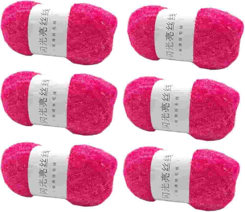 6 novelos de fio brilhante para panos de prato 100% poliéster, vidro, seda, pastel, para crochê, tecelagem, artesanato feito à mão, total de 300 g (rosa claro)