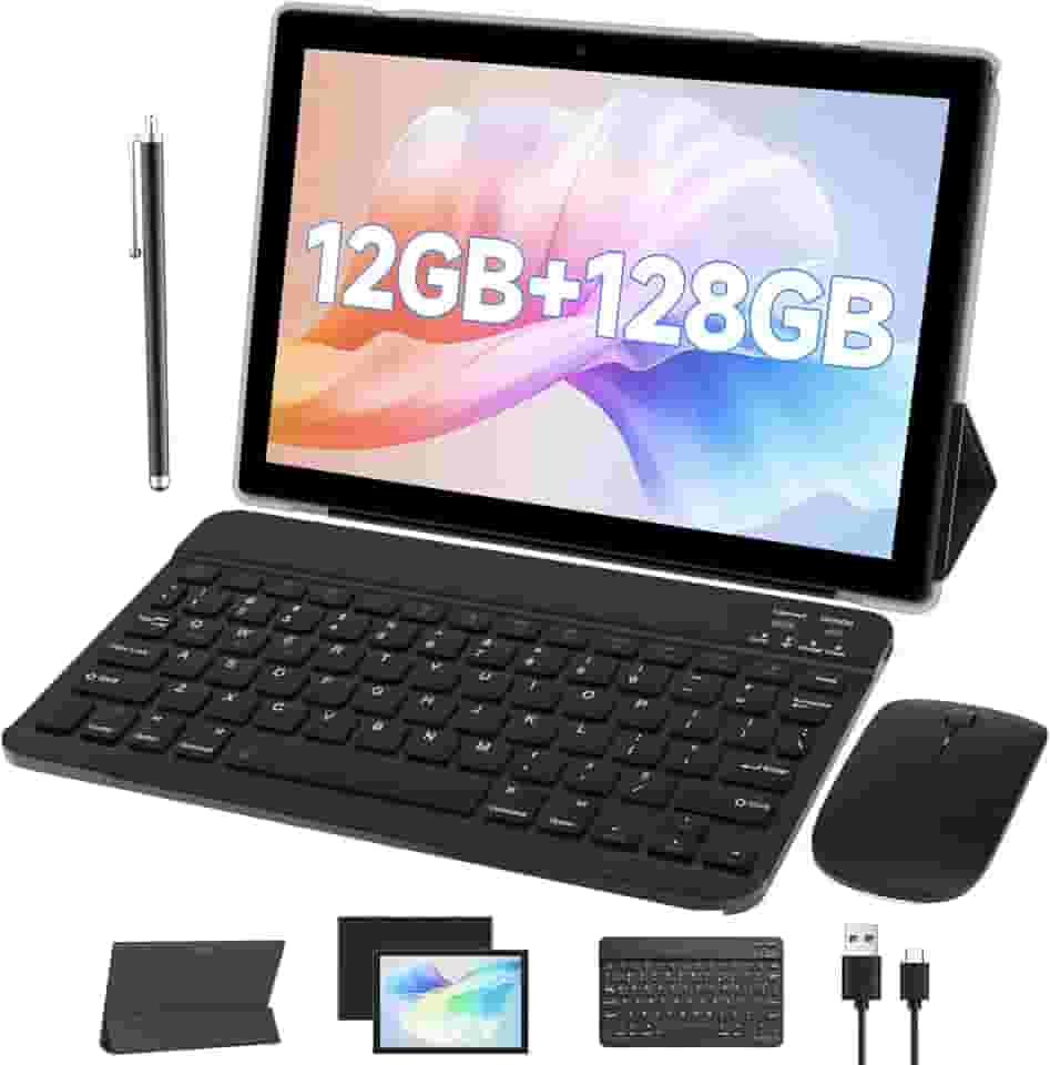 Tablet Android com capa protetora de teclado, mouse Stylus de 10 polegadas, conjunto de tablets 2 em 1, 12 GB + 128 GB/1 TB, câmera dupla, expansível, PC, tela HD de 10,1 polegadas, 6000 mAh, bateria