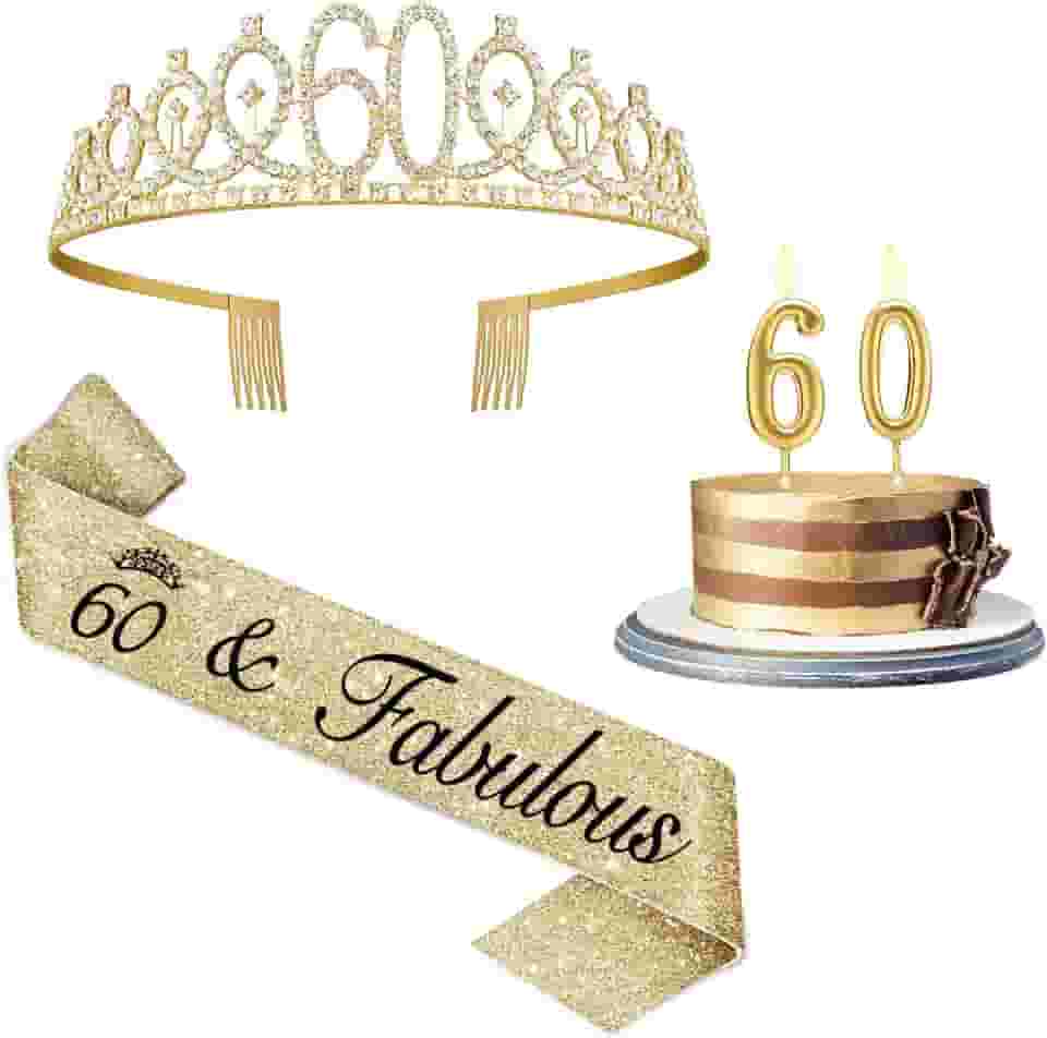 Decorações de 60 anos para mulheres em ouro, incluindo faixa e tiara de 60 anos, topo de bolo de 60 anos e velas número 60, presentes de feliz aniversário de 60 anos para mulheres (ou