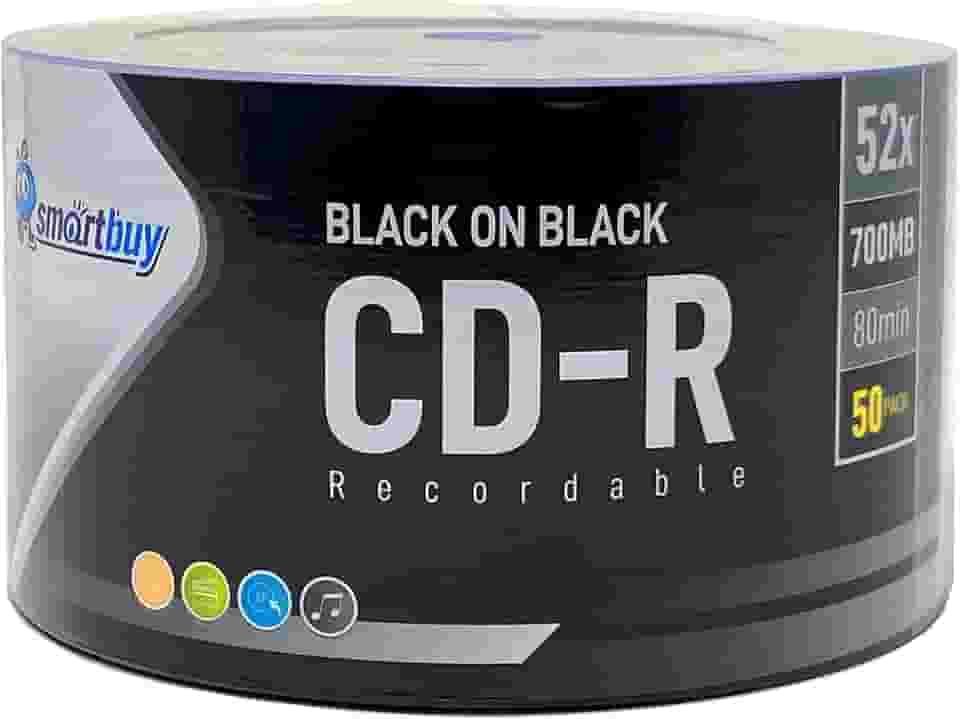 Smartbuy Pacote com 50 CDs-R Pretos Sobre Pretos 52X 700MB Disco Gravável Em Branco de Vinil Preto de Dois Lados de 80 Minutos