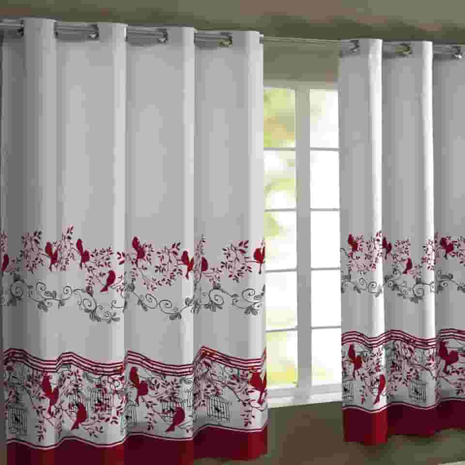 Cortina de Cozinha 3,00m X 1,50m Estampada em Tecido Gorgurinho com Ilhós Cromados (Pássaros)