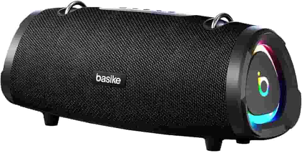 Basike Caixa de Som Bluetooth Portátil 100W RMS (Pico 160W), TWS Estéreo Hi-Fi, Bluetooth 5.3, Microfone, RGB, Modos EQ, IPX6, 12h de Bateria para Casa, Festa e Uso Externo – Preto