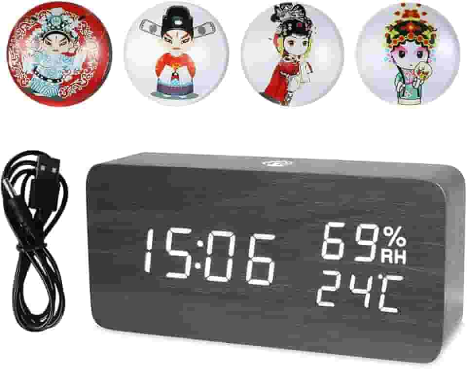 Relógio de Alarme Digital Madeira LED com Controle por APP Display Temperatura Umidade e Data Eletrônico Mesa 4 Níveis Brilho Som Alimentação via USB