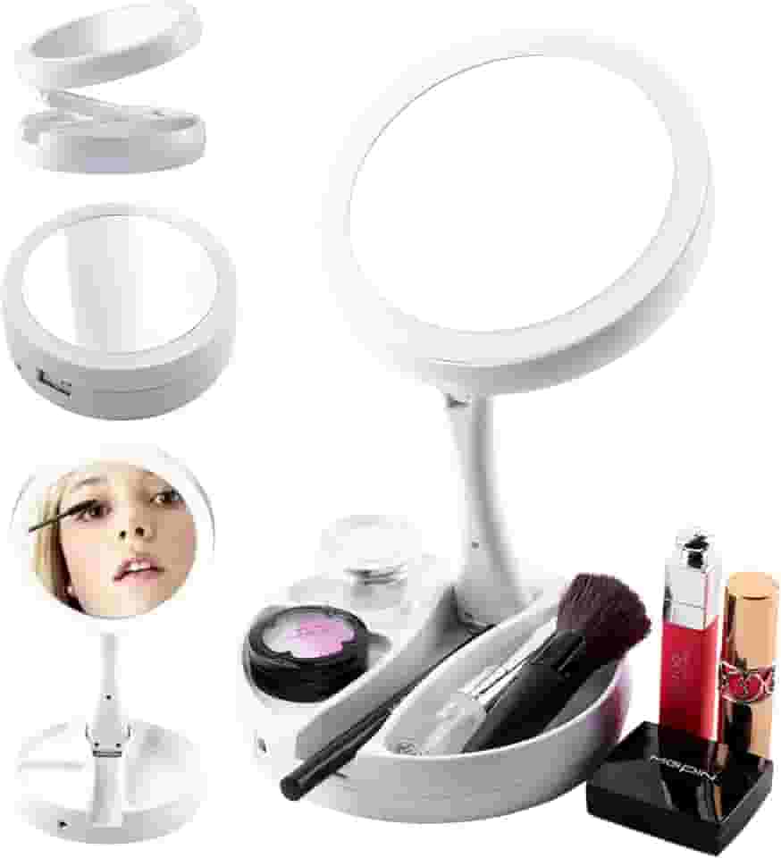 Espelho de Maquiagem com LED Dupla Face 10x – Articulável, Retrátil e Dobrável com Base Organizadora – Branco Elegante - FEZTEZZO