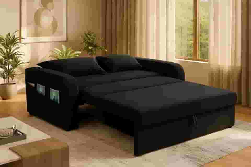 Sofá Cama Com Baú 2 Lugares 140cm Lady Day Retrátil Com Almofadas Veludo Preto Aconchegante