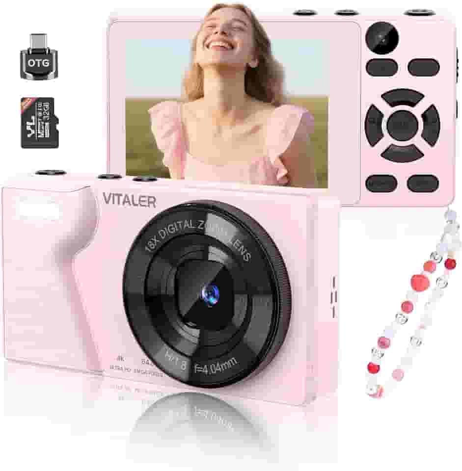 Câmera digital com lente frontal traseira, câmera de foco automático de 64 MP 4K para fotografia com cartão de 32 GB, câmera compacta portátil para adolescentes adultos iniciantes com capa de