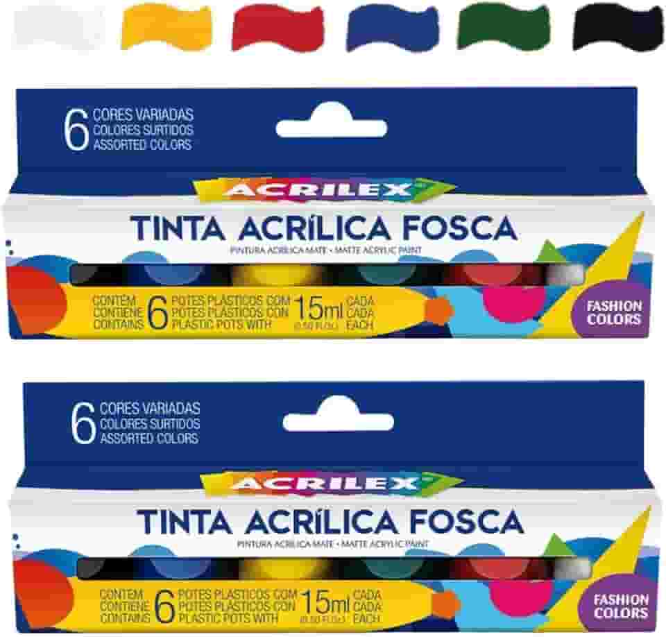 Kit Com 2 Caixas Pintura Acrílica Mate 6 Cores Tinta 15ml 03506 Acrilex – Para Artesanato e Pinturas Diversas Indicada Para Uso Em Madeira, Papel, Cerâmica, Isopor, Couro, Gesso, Cortiça, Vidro E Pet, Esta Tinta Proporciona Excelente Cobertura, Secagem Rápida E Facilidade De Uso Em Seus Projetos Criativos