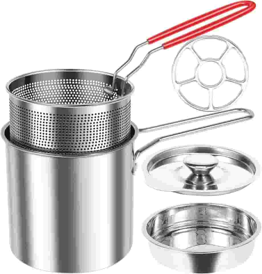 Panela de fritadeira com cesta, frigideira de aço inoxidável com cesta de filtro e alça, cesta de fritadeira de peru sem revestimento, panela de fritura funda para fritar frango, peixe, camarão e