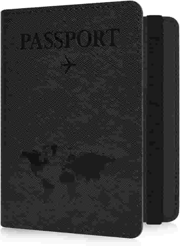 Suporte fino para passaporte com bloqueio RFID – Capa carteira para passaporte com design de mapa do mundo, acessórios de viagem elegantes | Fecho de alça elástica (preto-SZW), Preto-SZW, Passport