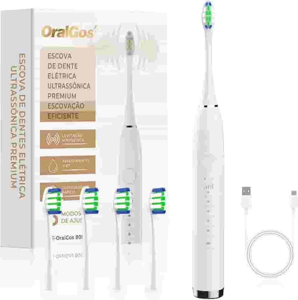 Escova Dental Elétrica para Adulto, 5 Modos Ultrassônicos, Limpeza Profunda, com 4 Cabeças Substituíveis, Recarregável e Portátil, 1 Unidade