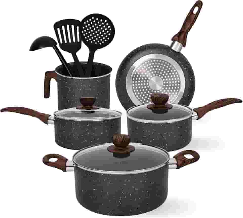 Jogo de Panelas Cerâmica Antiaderente Indução 8 Peças, Conjunto Resistente, Fácil de Limpar, Preto