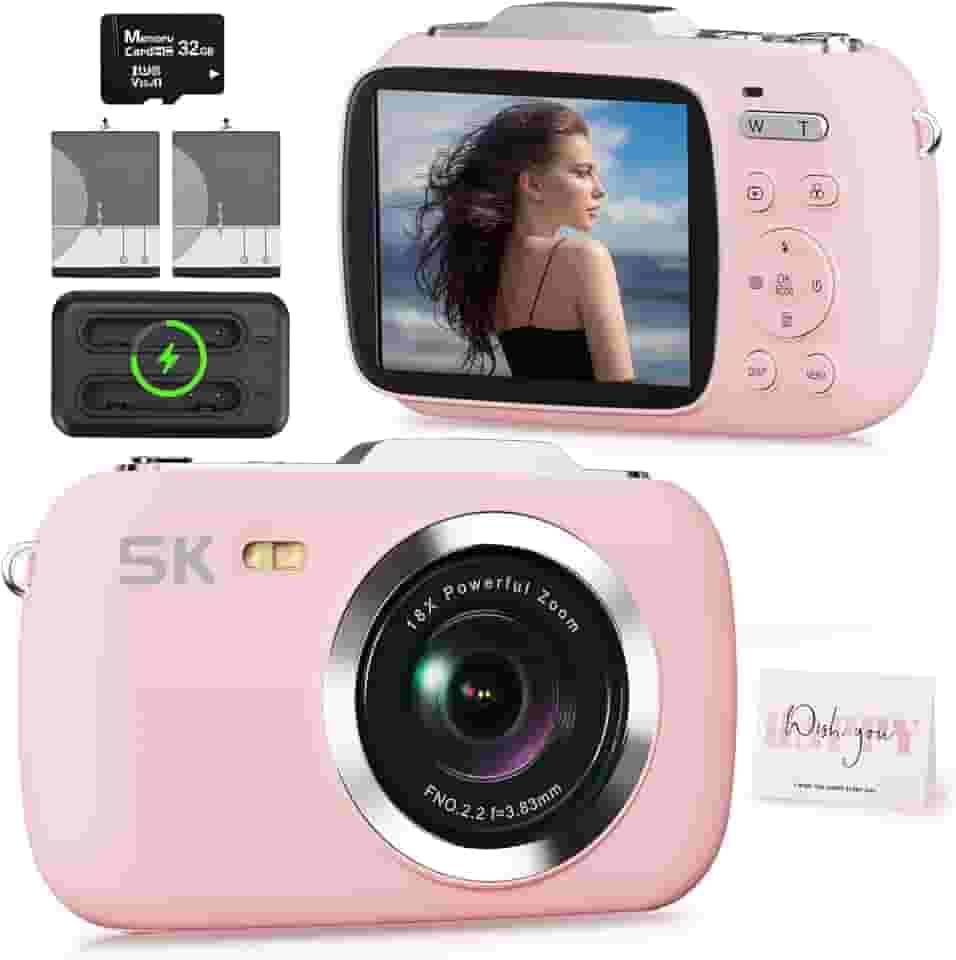 Câmera digital rosa 5K para fotografia, câmera de vlogging portátil UHD de 80 MP, câmera de disparo e ponto de viagem com zoom 18X barata com cartão TF de 32 GB, câmeras fotográficas para adolescentes