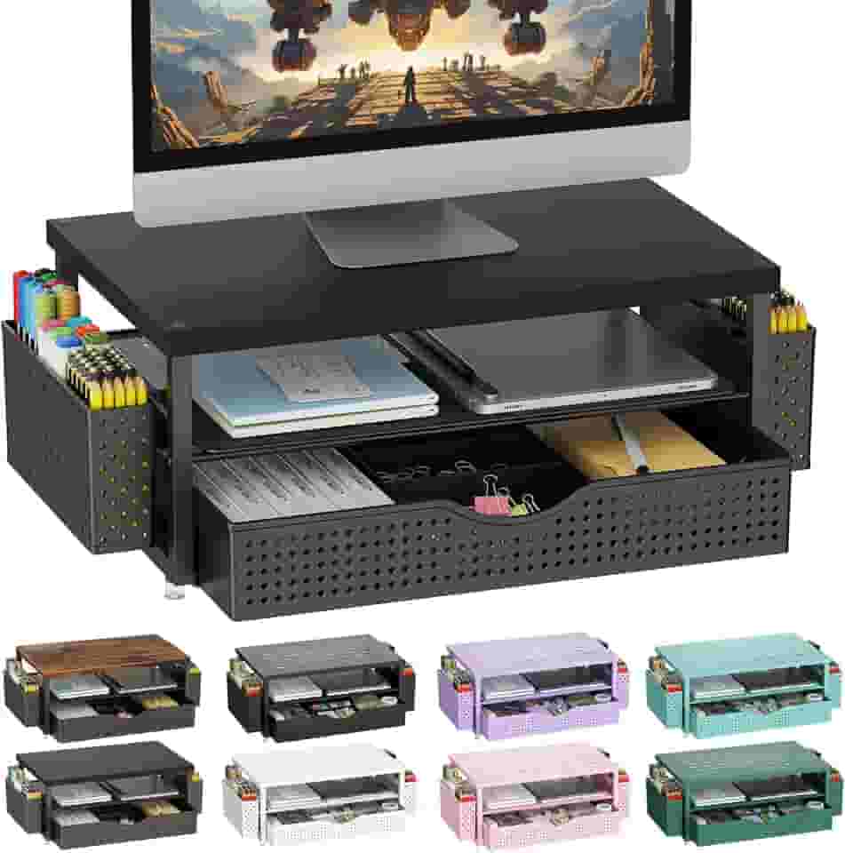 gianotter Suporte para monitor de madeira, organizador de prateleira de mesa de escritório, organizador de mesa com gaveta e suporte de caneta, suporte de computador de 2 níveis, organização de