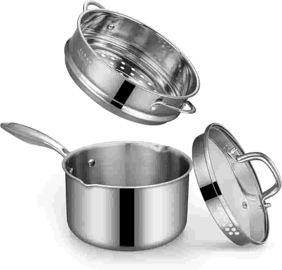 Panela de aço inoxidável de três camadas com cesta de vaporizador e tampa de vidro para coar — Panela multifuncional 2 em 1 para cozinhar a vapor, ferver e ferver — utensílios de cozinha saudáveis