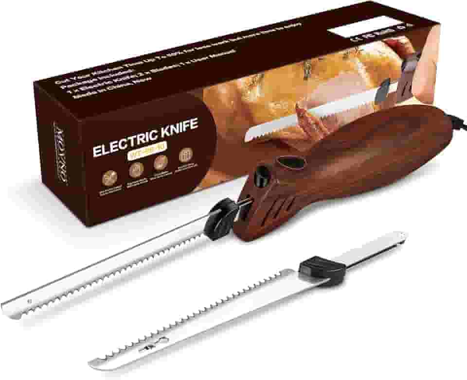 MOVNO Faca elétrica para fatiar carne, esculpir peru, pão, aves, filé, espuma de artesanato e muito mais, 2 lâminas de aço inoxidável serrilhadas alternativas, cabo ergonômico, cabo de 152 cm