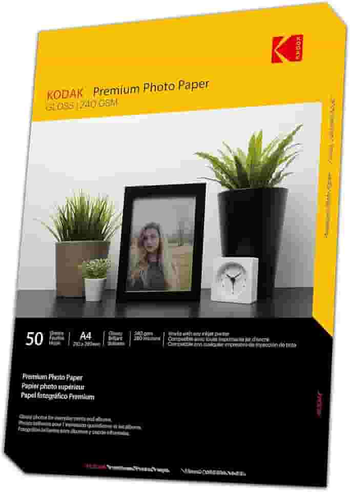 Kodak Papel fotográfico brilhante tamanho A4 240gsm | Papel fotográfico premium de alto brilho para impressoras jato de tinta (A4 - 50 folhas)