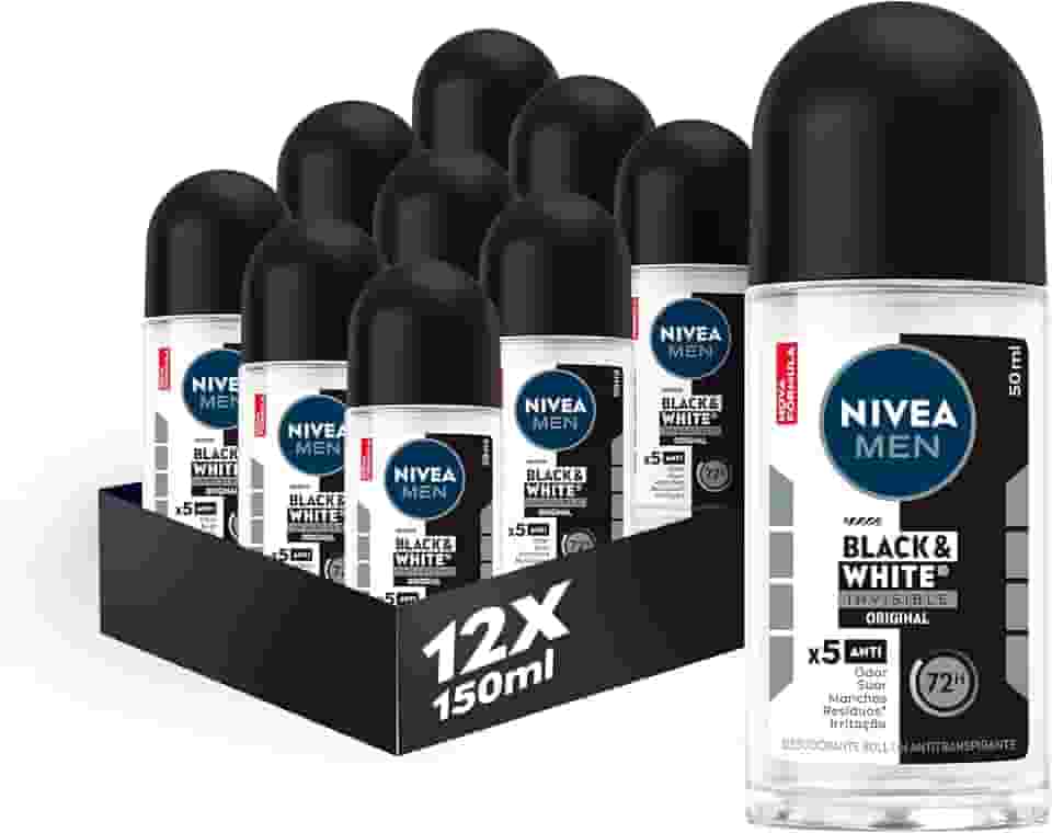 Kit NIVEA MEN Desodorante Antitranspirante Roll On Black & White INVISIBLE Original 50ml - 12 Unidades