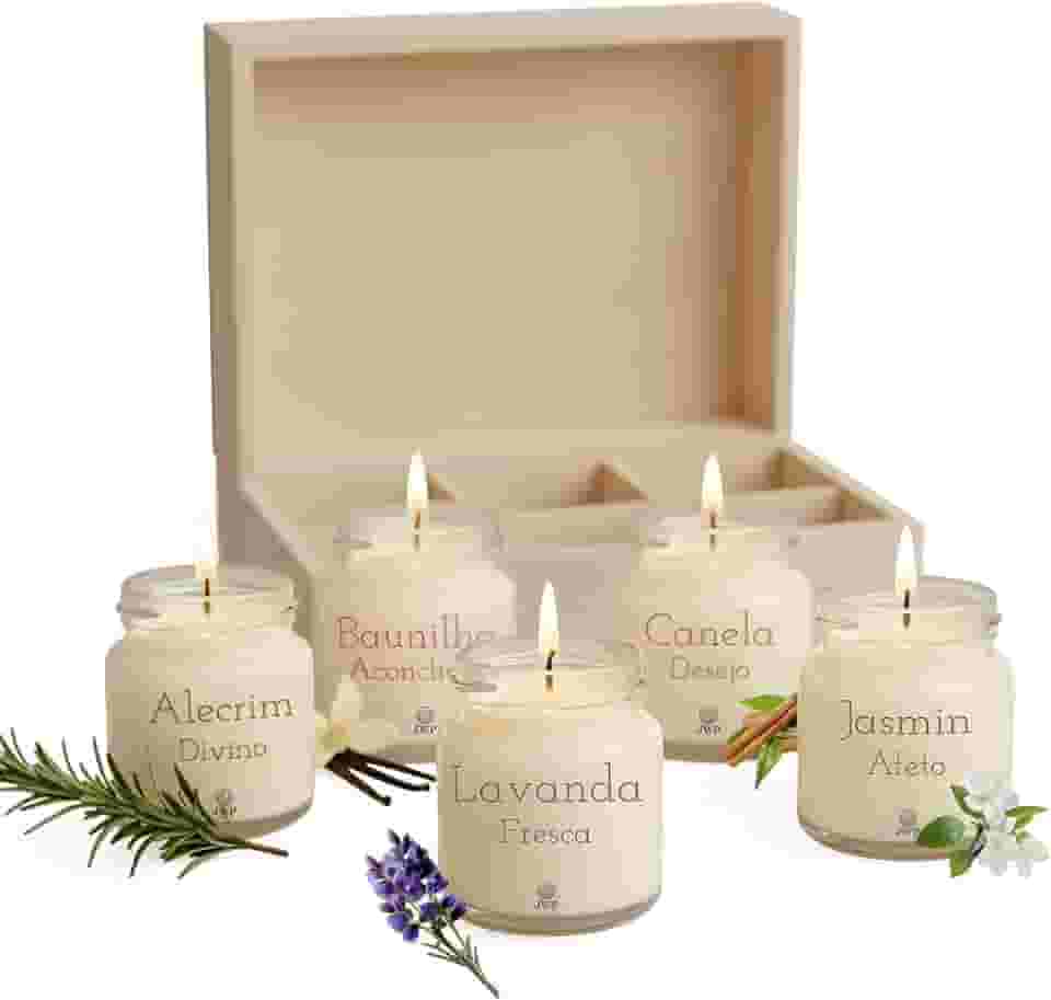 Kit 5 Velas Aromáticas Perfumadas | 50g cada - Alecrim, Baunilha, Lavanda, Jasmim, Canela - Fragrância Extendida - Cera de Coco e Soja