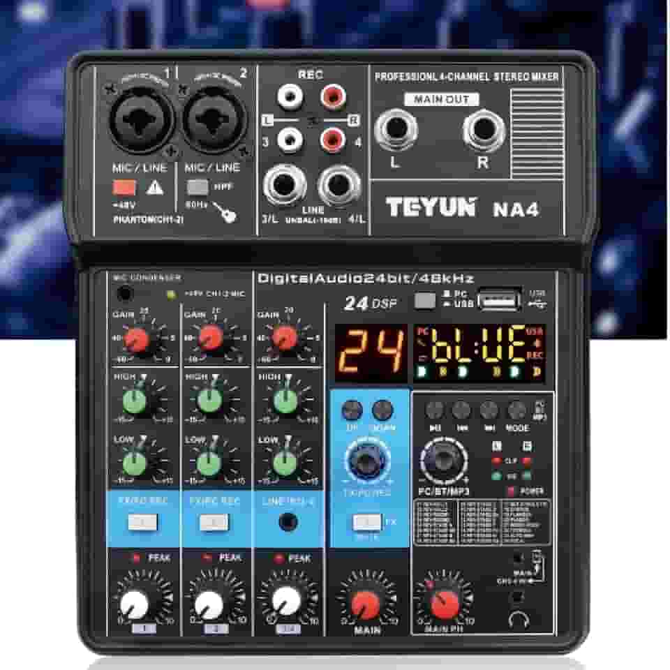 M-VAVE Mesa de Som Profissional NA4: 4 Canais com Phantom Power 48V, Bluetooth 5.0, USB Loopback para Transmissão Ao Vivo - Ideal para DJs, Podcasts e Shows de Samba/Pagode