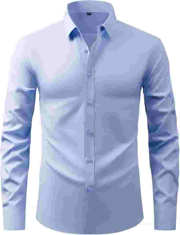 Camisa social masculina, modelagem regular, elástica, lisa, para casamento, com botões