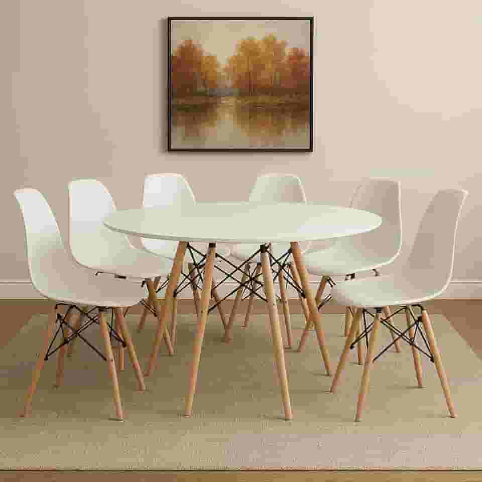 Conjunto de Mesa de Jantar Eames Eiffel Redonda 120cm Tampo de Madeira com 6 Cadeiras Eiffel Charles Eames (Branco)