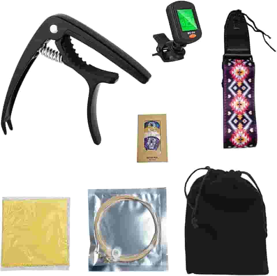 VEDO Kit de acessórios para guitarra – Caixa de papelão premium, inclui correia, capo, afinador e palhetas. Adequado para guitarras acústicas, elétricas e ukulele homens, iniciantes e profissionais