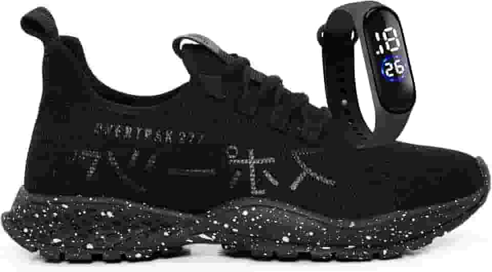 Tênis Masculino de Corrida Meia Preto Macio Confortável Para Academia + Relógio