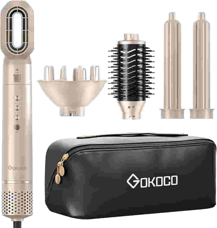 GOKOCO Escova Secador de Cabelo Profissional 5 em 1 - Kit Modelador com Bocal, Difusor, Escova Secadora, 2 Modelador de Cachos, íons Negativos Alta Velocidade Para Secar, Alisar e Enrolar, GD031 220v Dourado