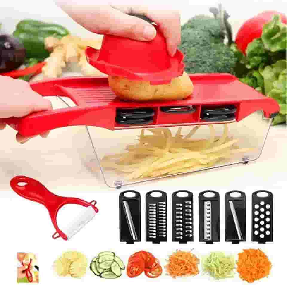 Mandoline em inox 6 em 1 slicer nicer ralador fatiador cortador de legumes e frutas com recipiente