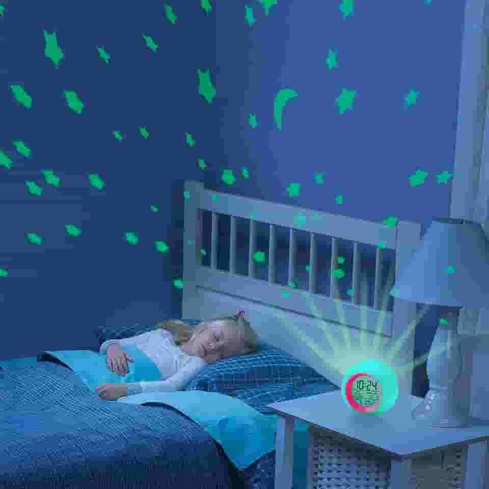 Tarklanda Despertador infantil, projetor lua estrelas despertador, luz noturna que muda de 7 cores, soneca controle de temperatura de toque para quarto de crianças, relógio digital para meninas