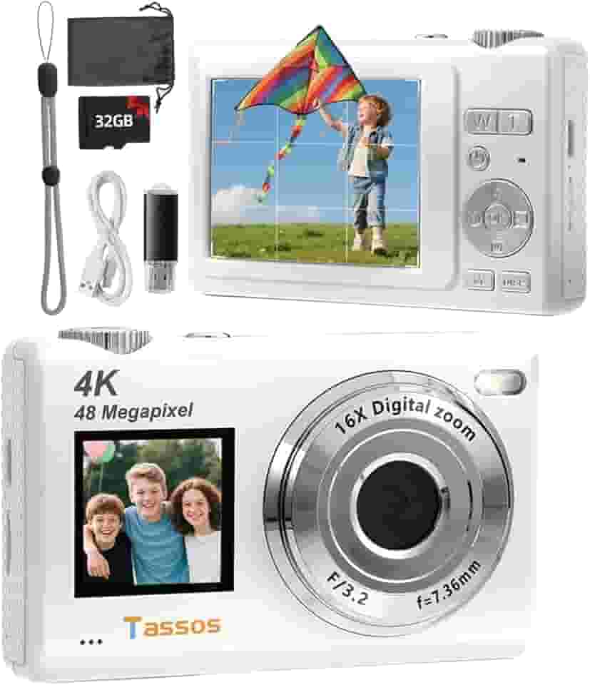 Câmera digital, câmera para vlogs, câmera fotográfica 48MP 4K - Câmera digital compacta com tela dupla, cartão de 32 GB, zoom digital de 16x e estabilizador de imagem para e iniciantes. (branco)