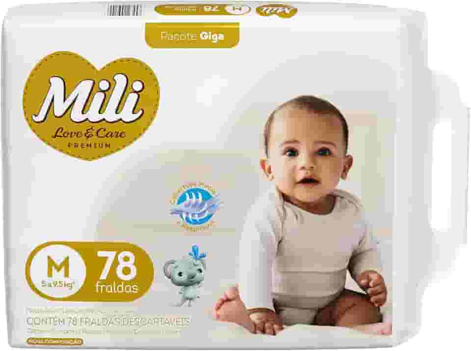 Mili Fralda Infantil Love & Care Tamanho M, Alta Absorção, Ajuste Confortável, 78 Unidades