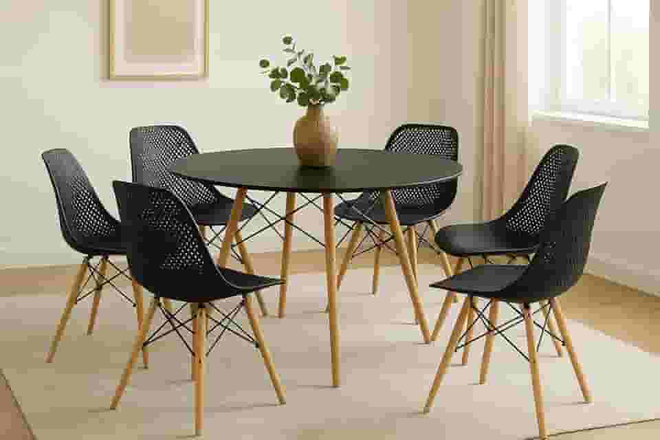 Conjunto Mesa de Jantar Eiffel 120cm com 6 Cadeiras Colméia, Mesa Preta e Cadeiras Pretas com Pés em Madeira, para Sala de Jantar, Cozinha e Café