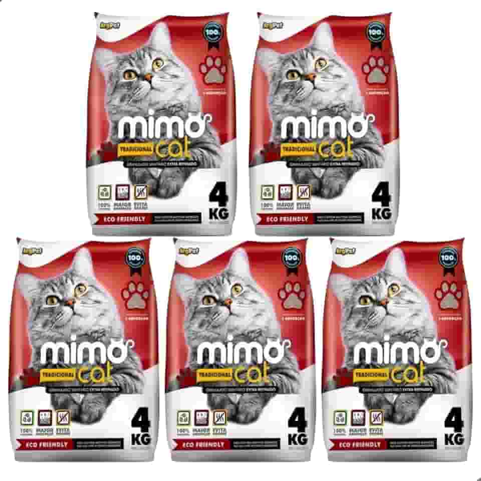 Kit 5 Areia Higiênica Sanitária Mimo Cat Tradicional Grãos Médios Para Gatos 4kg Premium Natural Argila