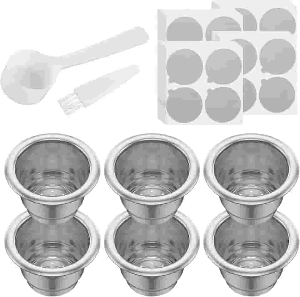 6 cápsulas de café recarregáveis com 100 tampas de folha de alumínio, conjunto de cápsulas de café reutilizável de aço inoxidável para Originalline, filtros de café expresso, cápsulas de café expresso