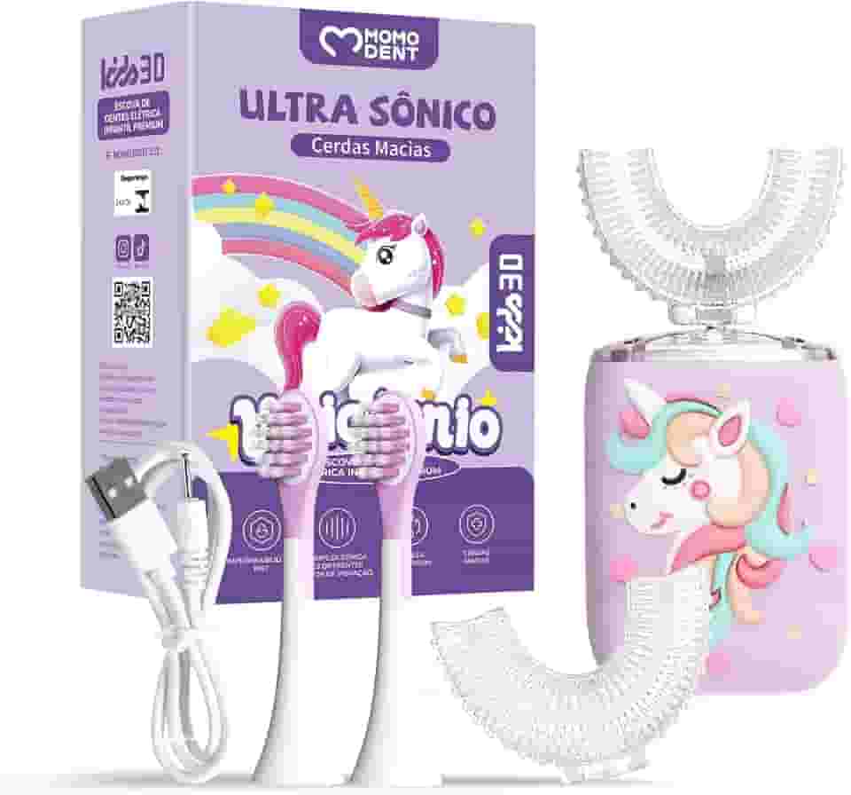 MOMODENT Escova de Dente Eletrica Infantil, 360° Graus, 5 Modos, 4 Cabeças de Escova, Recarregável, Silicone Macio em Formato U, Limpeza Suave, Proteção Gengival, Portátil e Divertida, IPX7