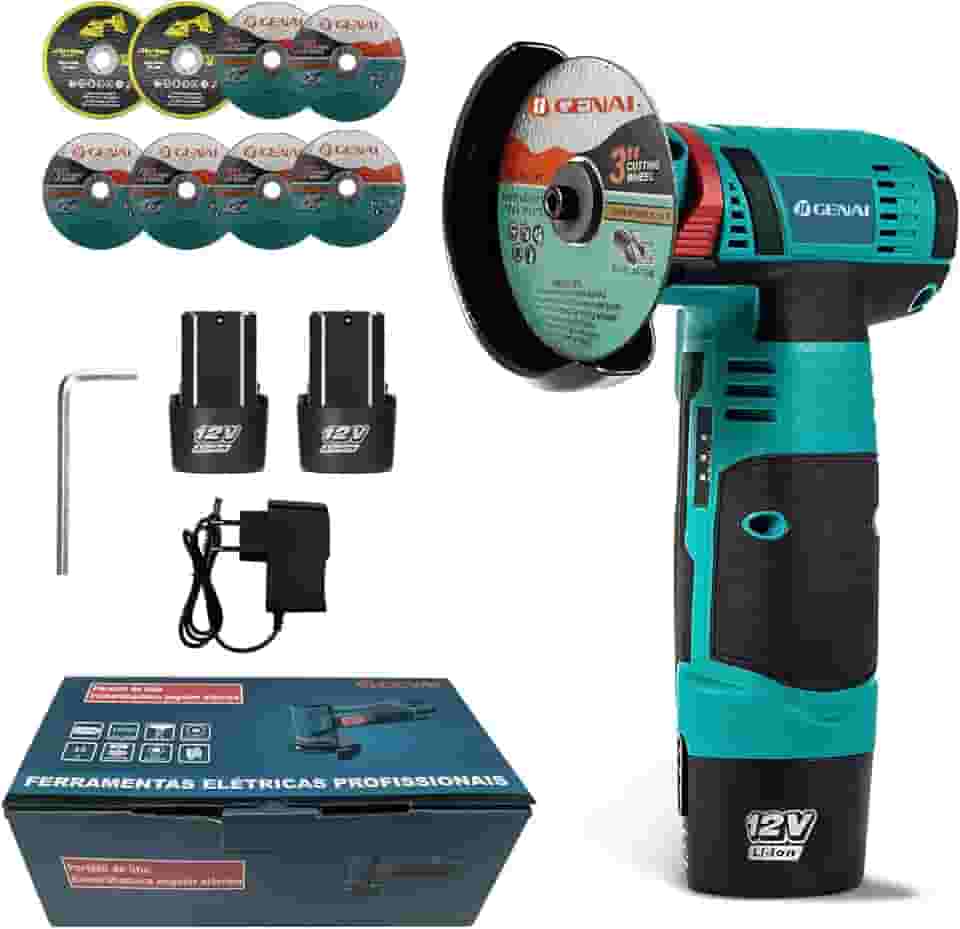 IIGENAI Ferramenta de Lixar e Cortar Esmerilhadeira Lixadeira Sem Fio Portátil Esmerilhadeira 12V 1500 220V (2 Bateria + 8 Pcs Discos de Corte)