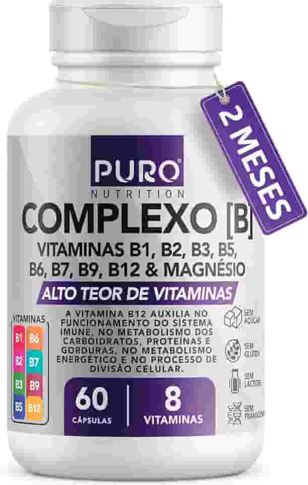 Complexo B Puro Nutrition – Vitaminas B1, B2, B3, B5, B6, B9, B12 e Magnésio, 60 Cápsulas