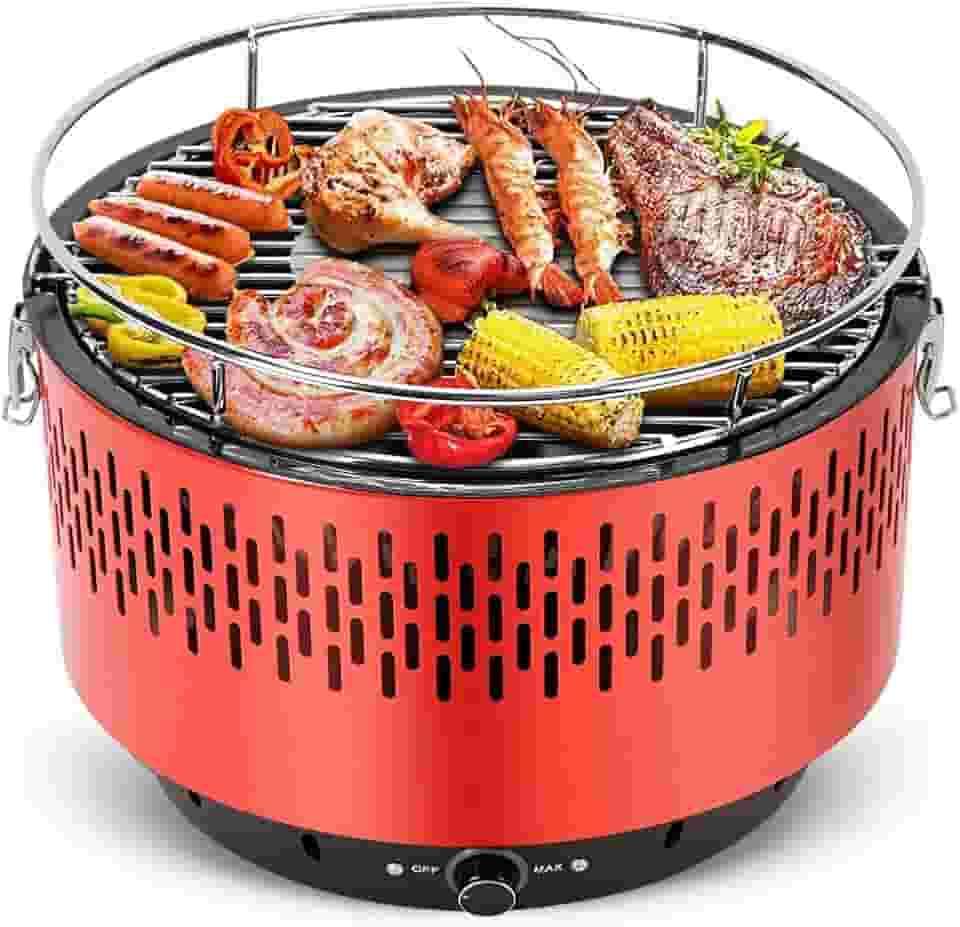 Portatil Churrasqueira Carvao, Table Grill, Braseiro Esmaltado, Churrasqueira de Mesa, Grelha Removível de 34,5 cm, Botão de Controlo do Fluxo de Ar para Ajuste Preciso da Temperatura, Vermelho