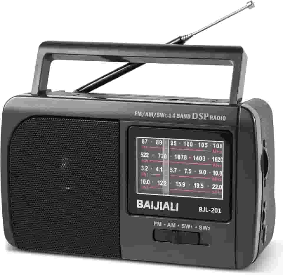 Rádio portátil de ondas curtas AM/FM/SW1/SW2 – Design de transistor retrô com alto-falante de 3 W, operado por bateria para uso doméstico, externo e sobrevivência de emergência (BJL-201)