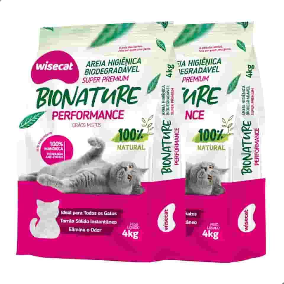 Kit 2 Areia Higiênica Biodegradável Grãos Mistos 4kg Para Gatos Performance Sanitária BioNature Super Premium Mandioca Natural