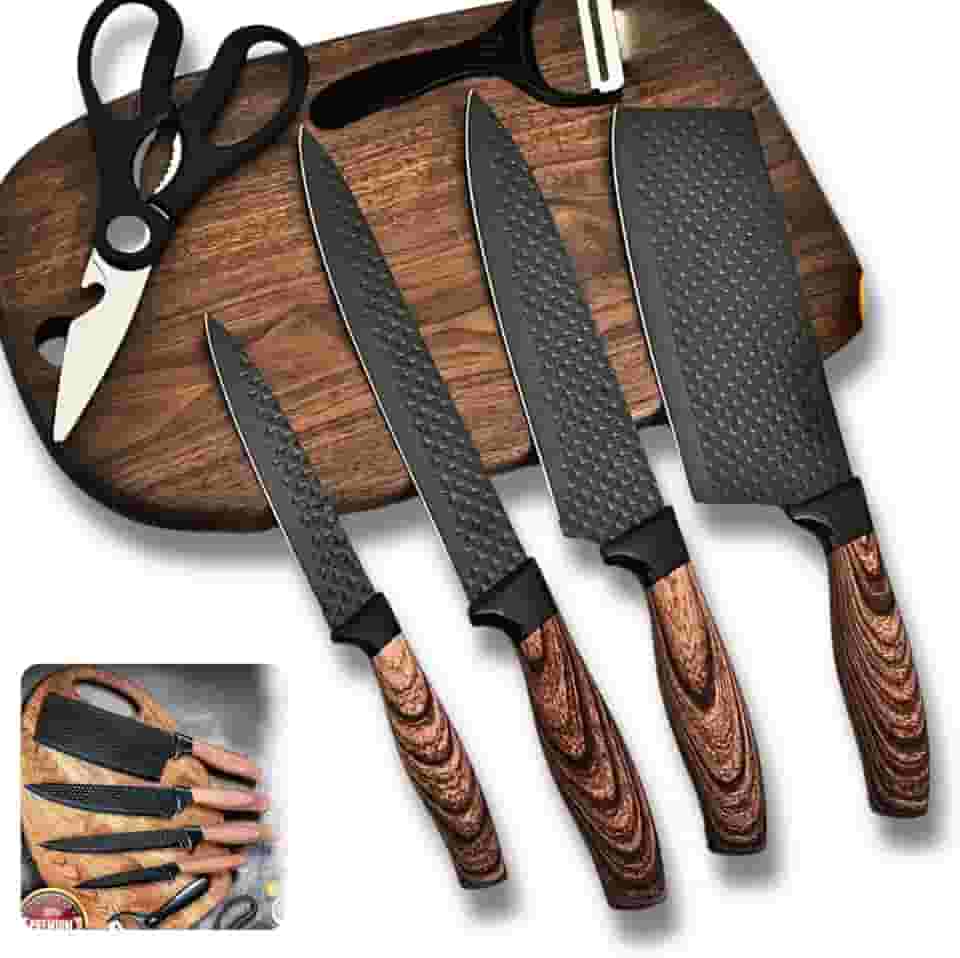 Jogo De Facas 6 Unidades Premium Rustica Amadeirada Black Corte Preciso Acabamento Antiaderente Mzcell