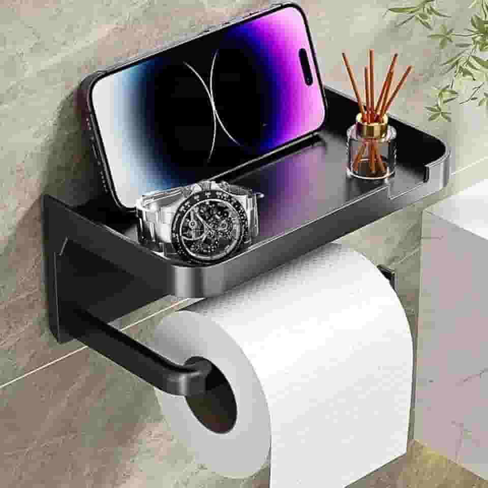 Porta Papel Higiênico com Suporte para Celular e Objetos, Instalação Sem Furos, Adesivo Forte, Design Moderno e Prático para Banheiro – Preto