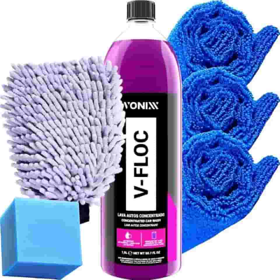 Kit Lavagem Automotiva Shampoo Neutro Para Carro Vitrificado V-Floc Luva Microfibra Pano Toalha